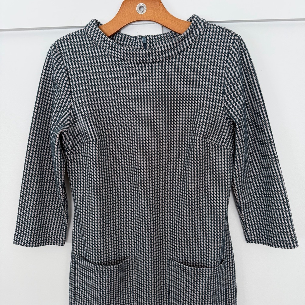 Boden Pink Green Houndstooth Jacquard Dress Pockets Career 3/4 SLV Cotton Knee 6 - Picture 2 of 16